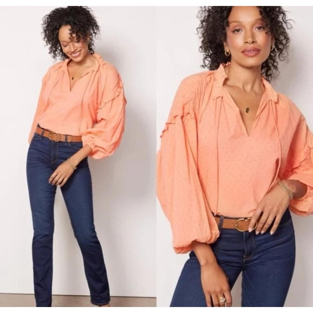NEW NWT Cleobella Phoenix Oversized Cotton Top XS Coral Orange Swiss Dot Ruffle